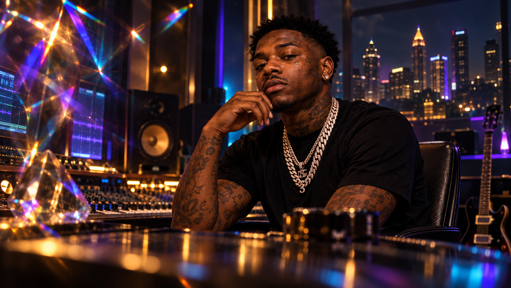 3Steppa seated in an Atlanta recording studio surrounded by prismatic campaign lighting